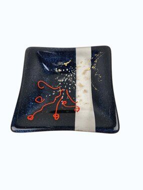 Fused Art Glass Dish Abstract Fireworks Design 4.75" Square Blue Red White Gold